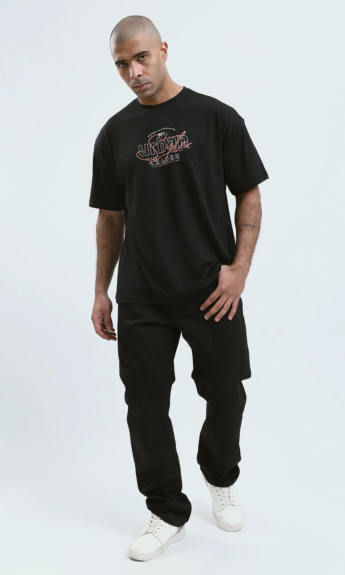 O178980 - Black Slip On Printed Tee with Round Neck