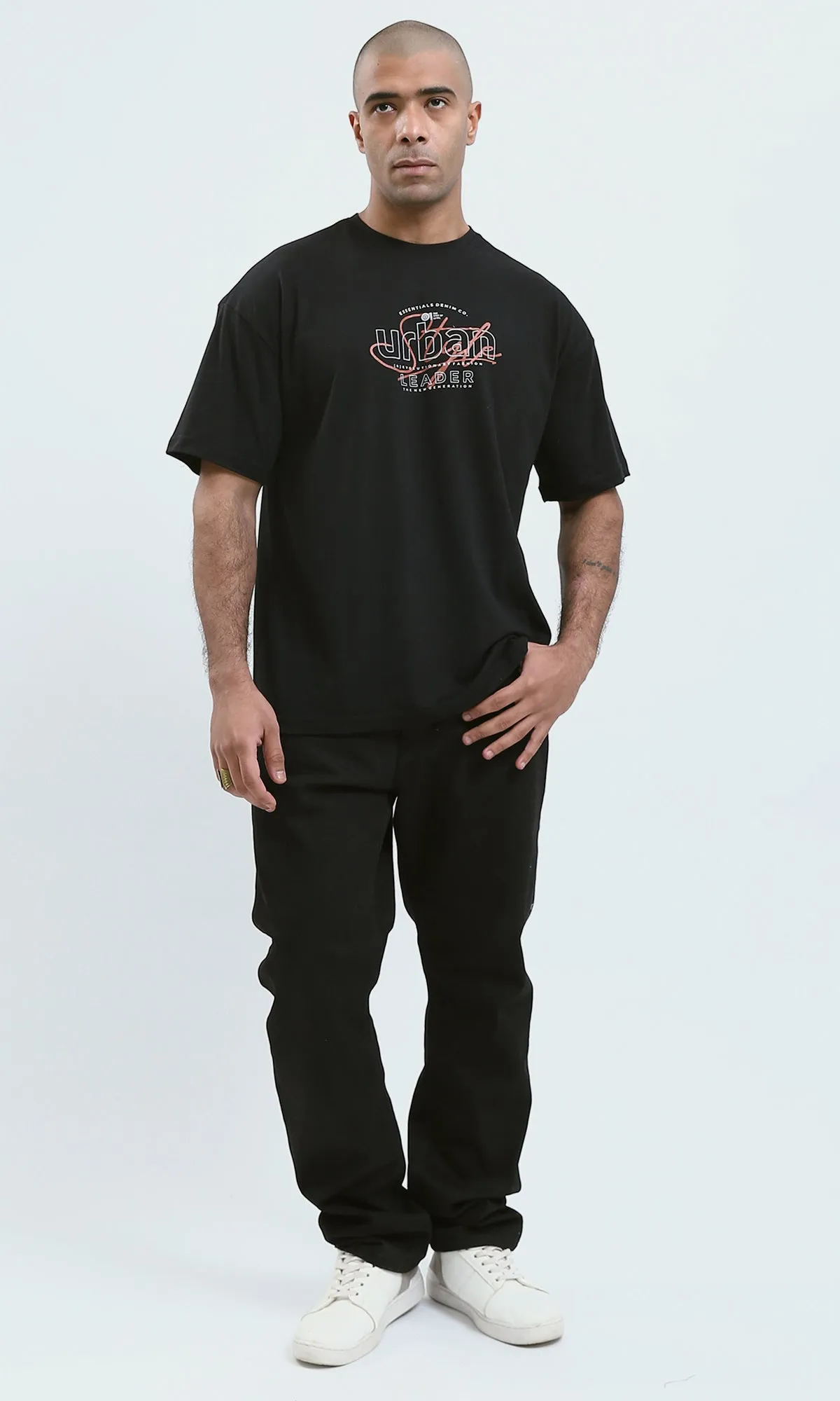 O178980 - Black Slip On Printed Tee with Round Neck