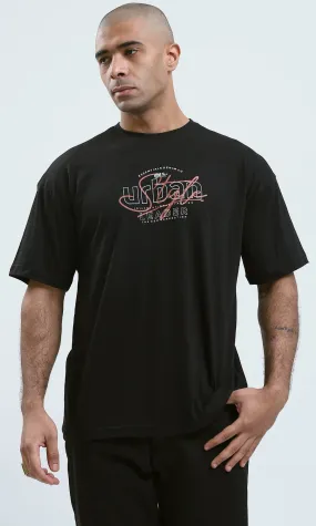 O178980 - Black Slip On Printed Tee with Round Neck