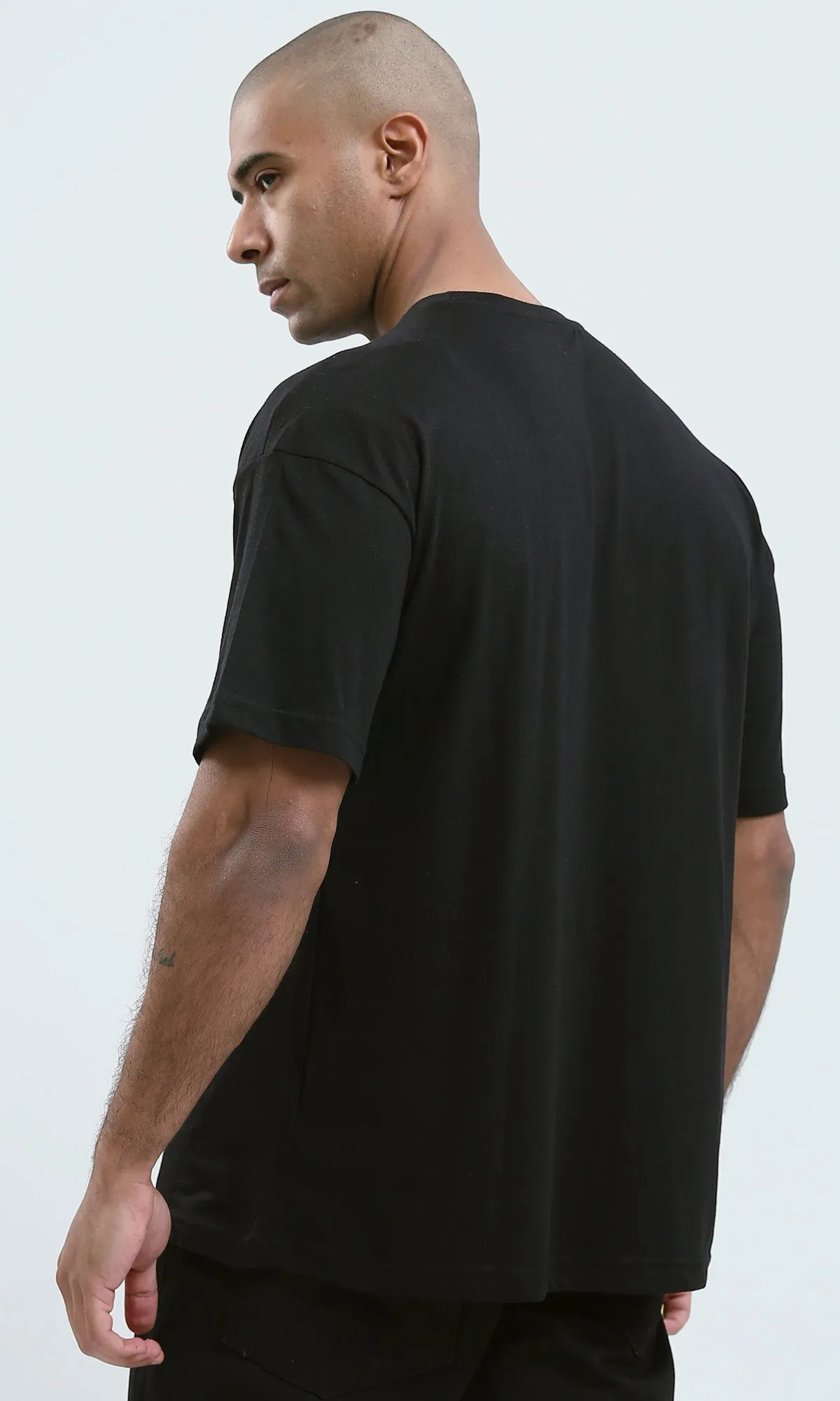 O178980 - Black Slip On Printed Tee with Round Neck