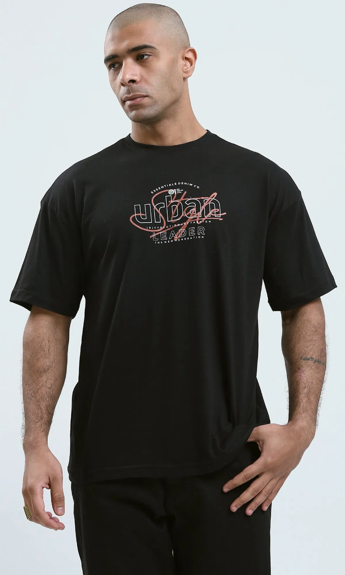 O178980 - Black Slip On Printed Tee with Round Neck
