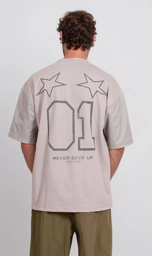 O204280-O204280 - Graphic Print Oversized T-Shirt - Beige