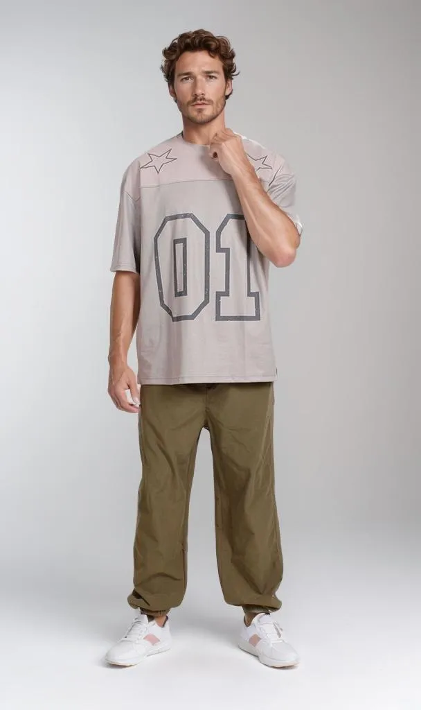O204280-O204280 - Graphic Print Oversized T-Shirt - Beige