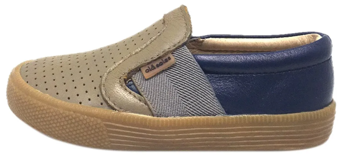 Old Soles Boy's and Girl's 1056 Grey Denim Perforated Leather Praise Hoff Slip On Elastic Loafer Sneaker