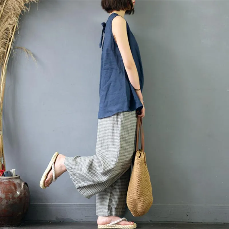 Plaid Linen Palazzo Pants