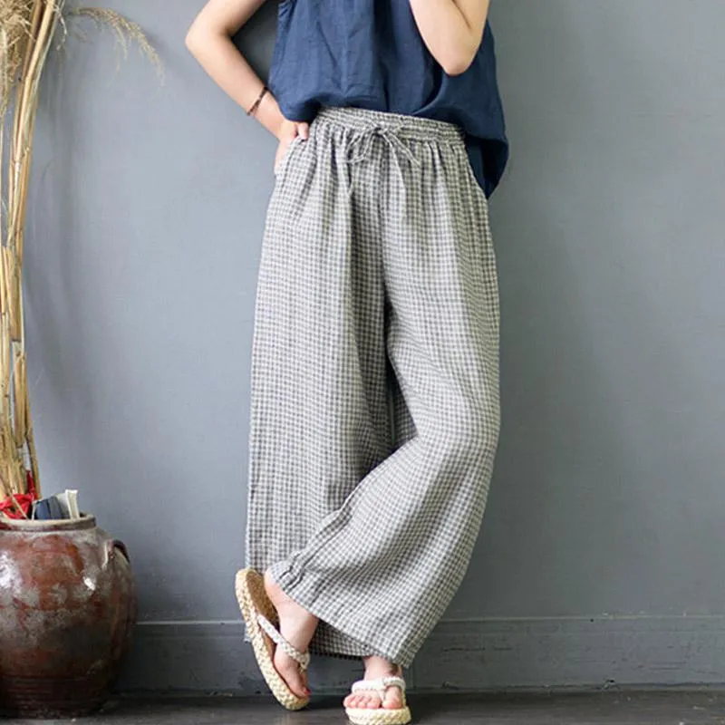 Plaid Linen Palazzo Pants