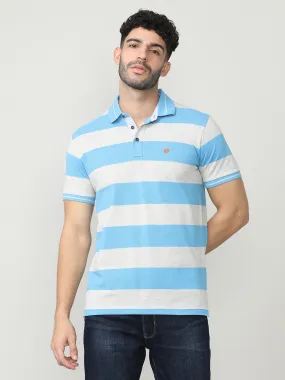 Sky Blue Pique Stripes Polo T-shirt With Tipping Collar