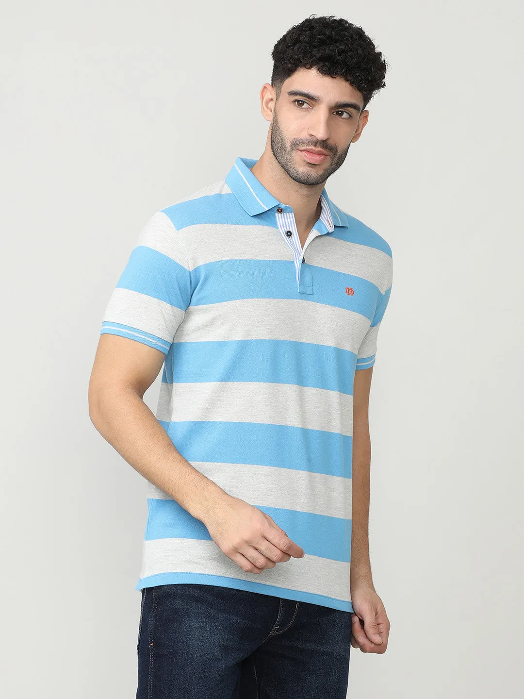 Sky Blue Pique Stripes Polo T-shirt With Tipping Collar