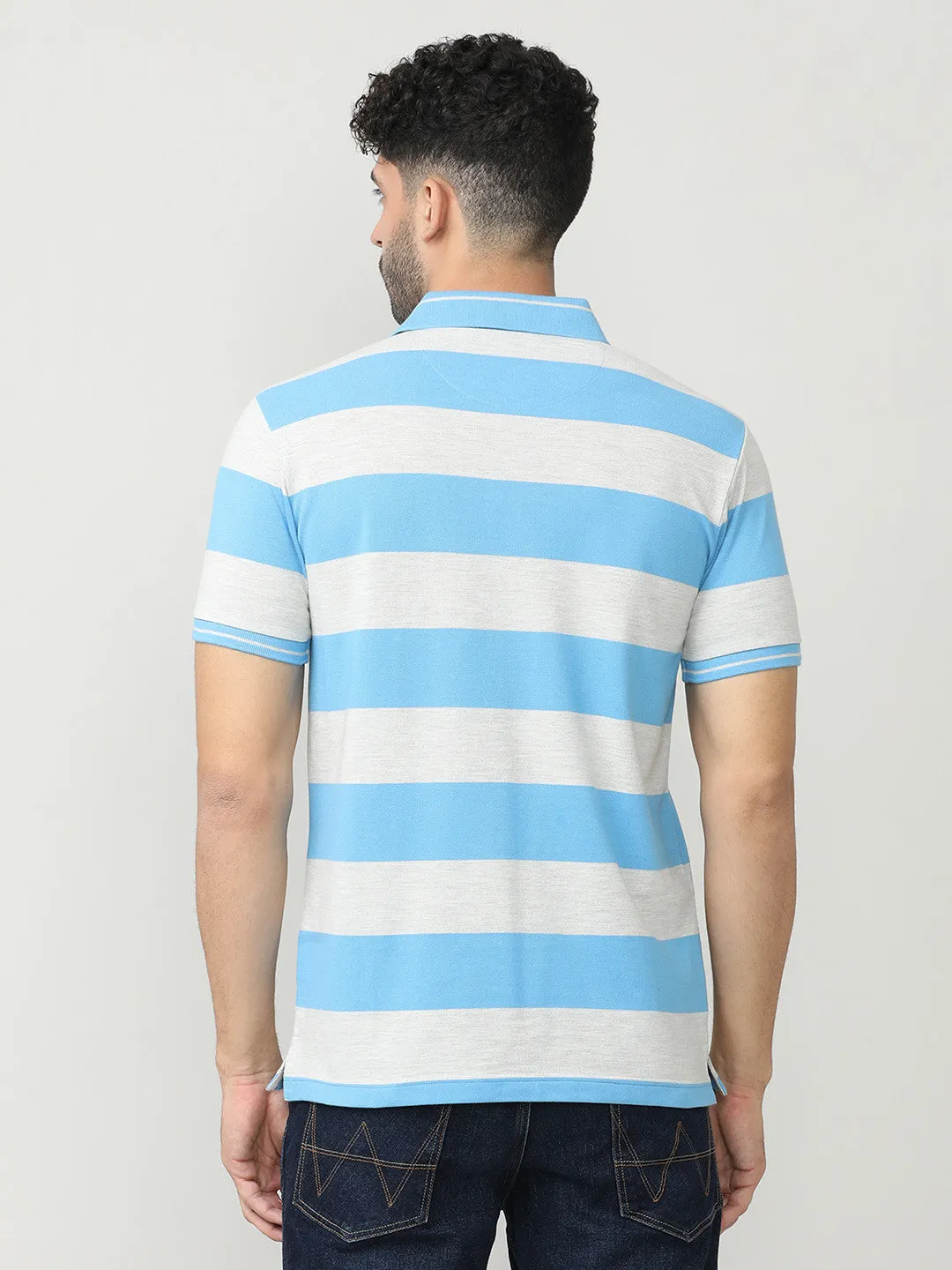 Sky Blue Pique Stripes Polo T-shirt With Tipping Collar