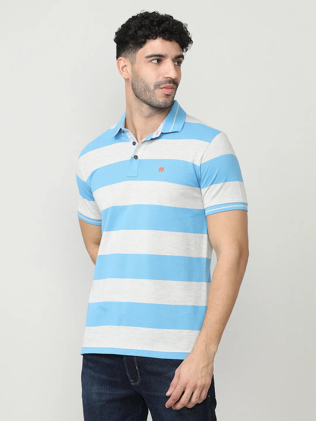 Sky Blue Pique Stripes Polo T-shirt With Tipping Collar