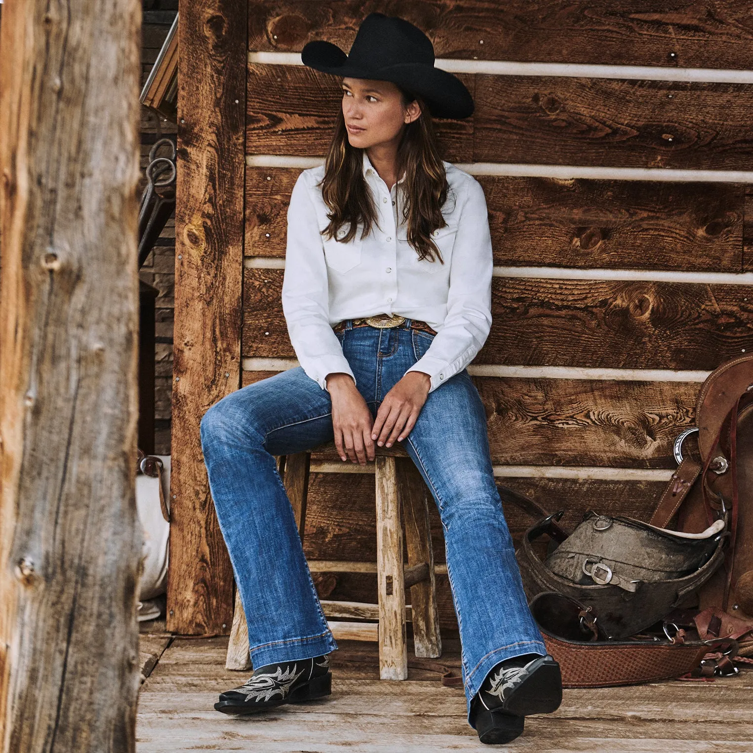 Tina Black & White Flame Embroidered Cowboy Boot