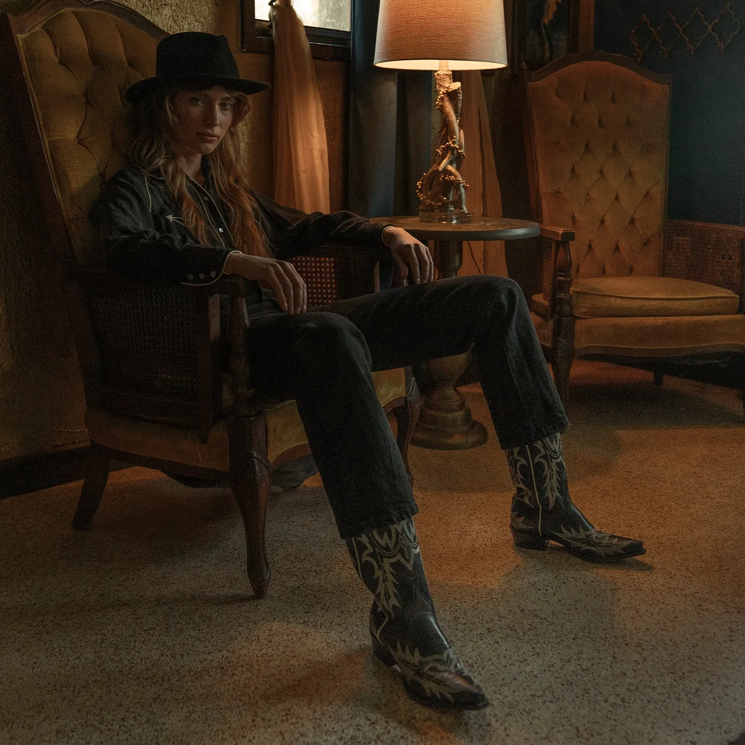 Tina Black & White Flame Embroidered Cowboy Boot