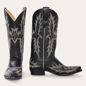Tina Black & White Flame Embroidered Cowboy Boot