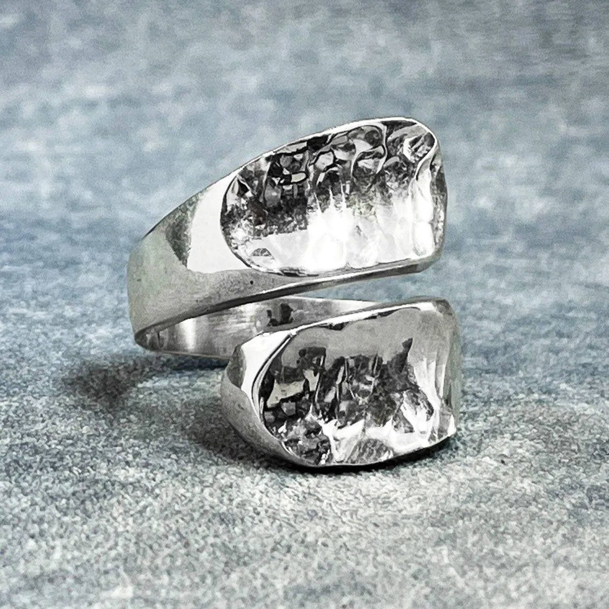 Uisce - Flat Wave Hammered Adjustable Silver Ring