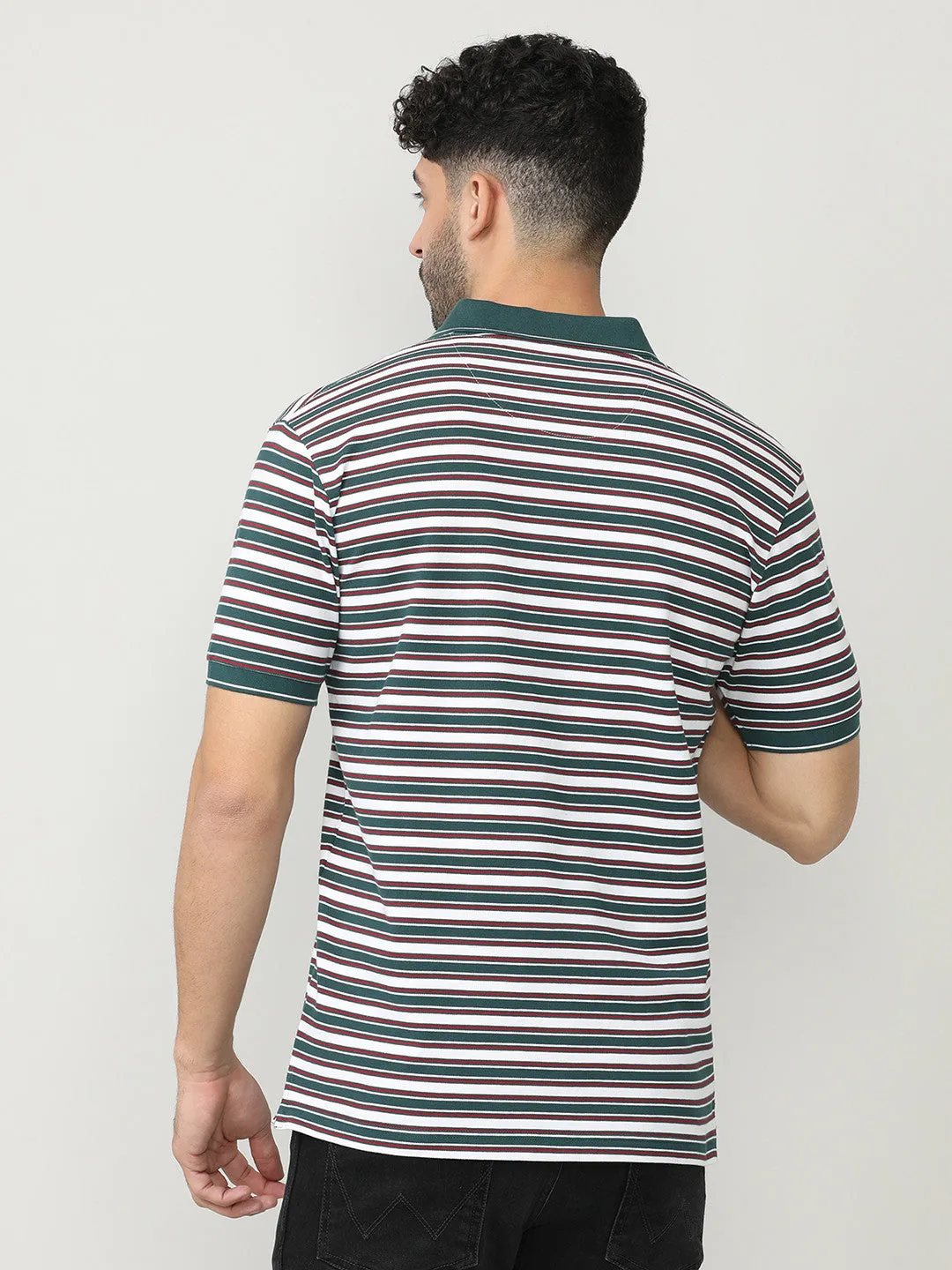 Wine Pique Lycra Stripes Polo T-shirt With Contrast Collar