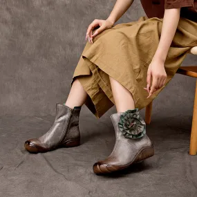 Women's Genuine Cow Leather Flat Short Boots Side Zip With Flowers Decor in Grey
